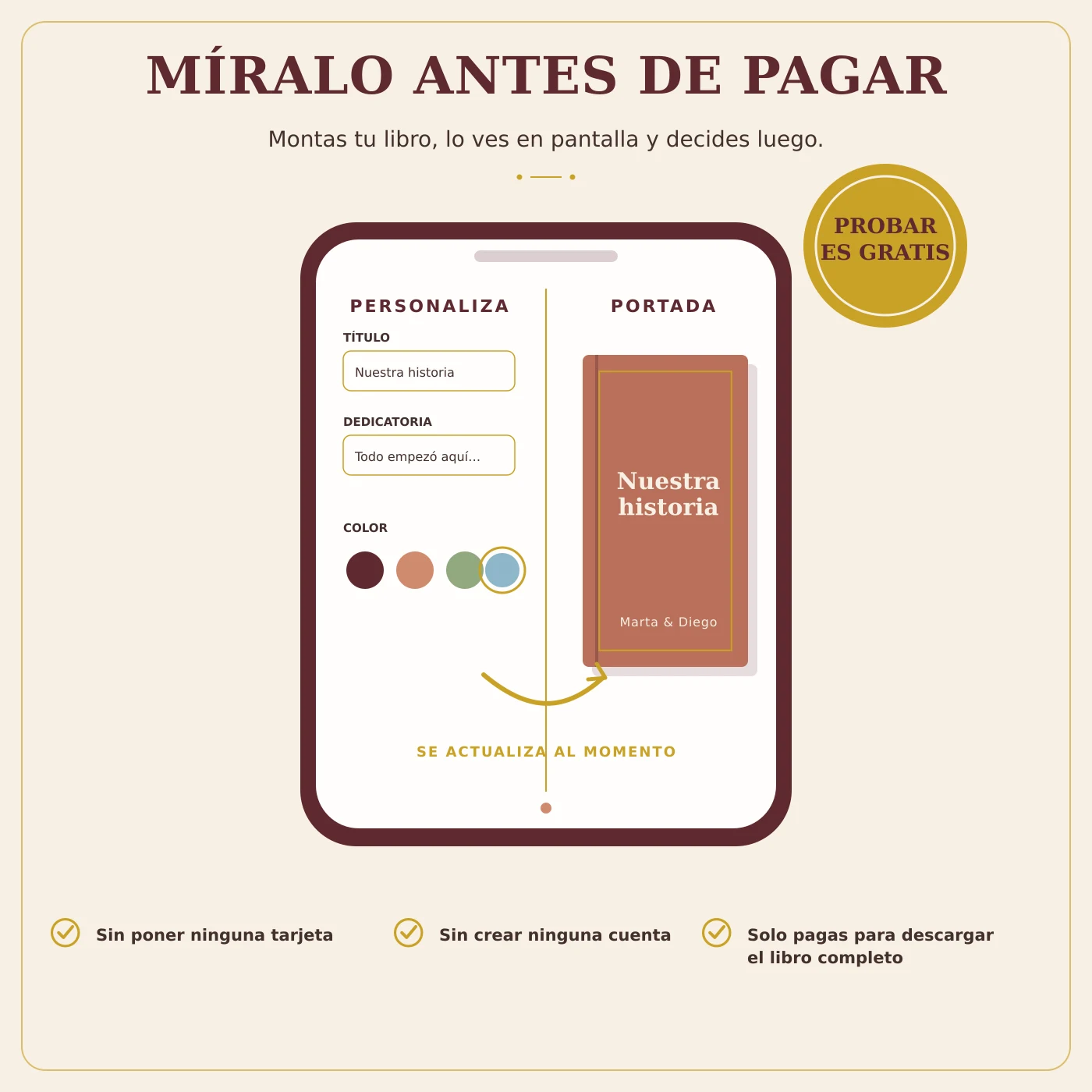 Míralo antes de pagar: montas el libro y lo ves en pantalla, sin tarjeta y sin cuenta